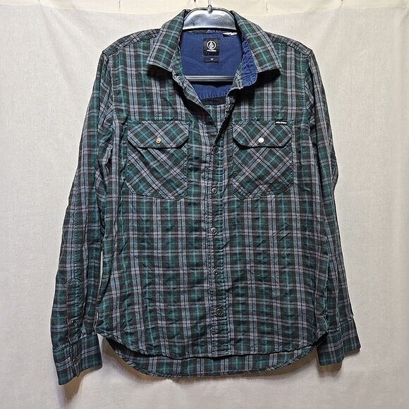 Volcom Mens Small Plaid Snap Button Up Shirt Long Sleeve Classic Fit Green Gray - Picture 1 of 10